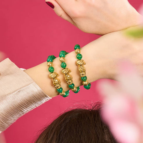 Bracelet Pixiu Feng Shui | Élément TERRE | Agate verte x or 18 carats